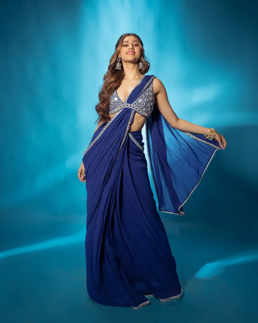 Anisha Shetty - Blue Pre Stitched Saree With Mirror Work Blouse From Rangin
