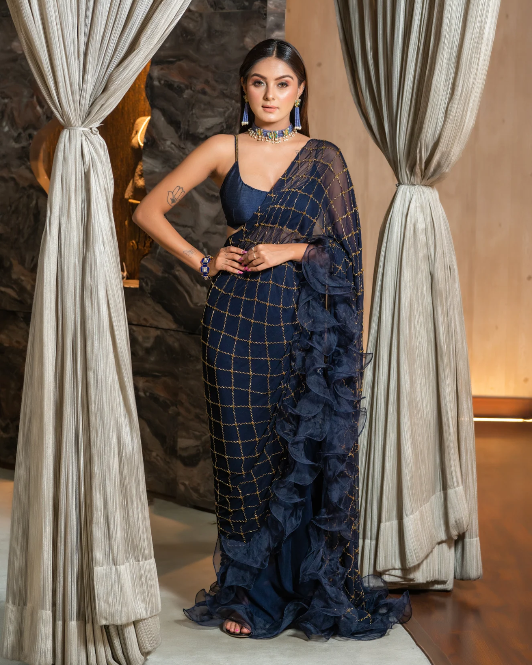 Sonali Bansal - Navy blue drape saree with ruffles and blouse From Romanticise