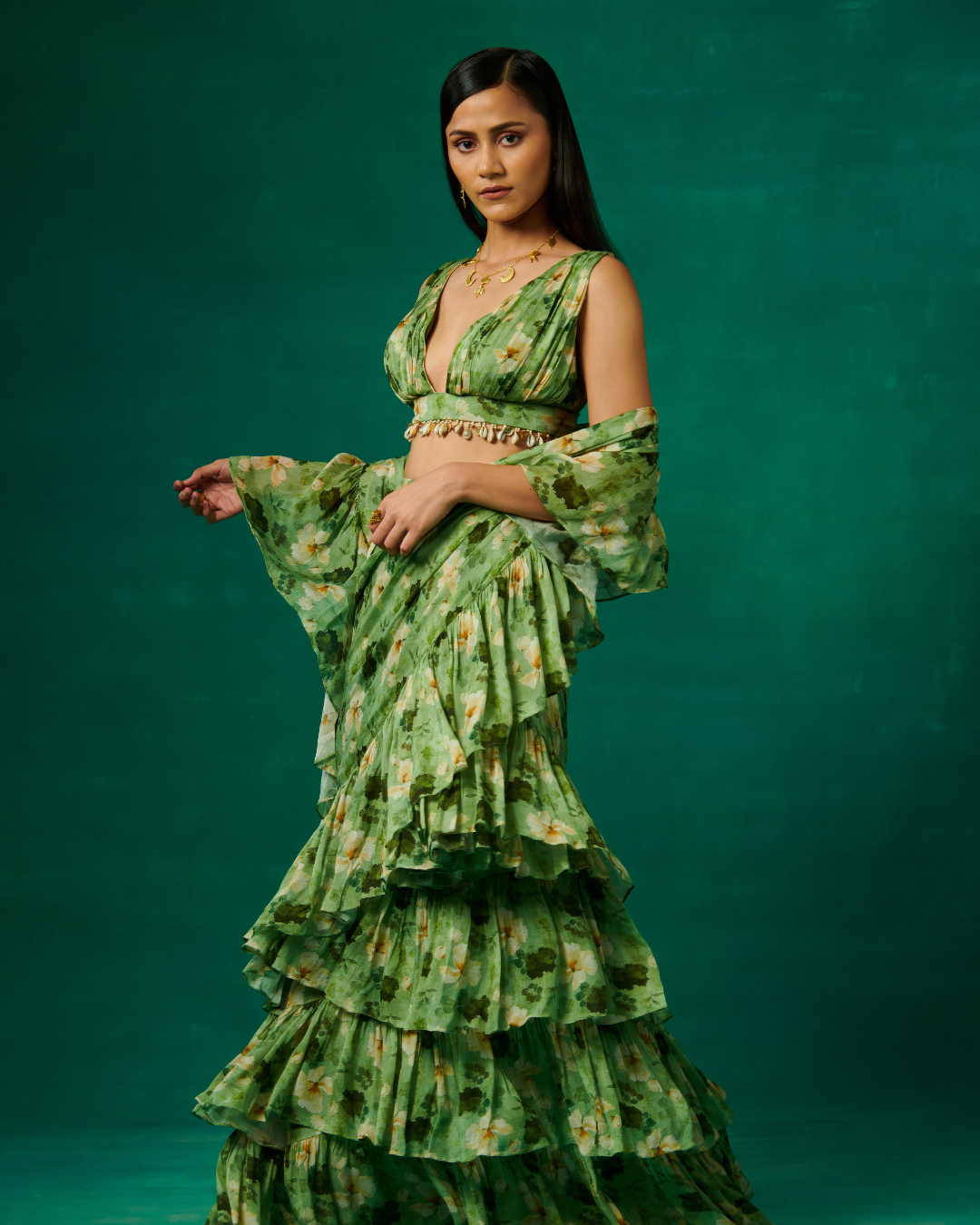 Sonali Bansal - Green floral print drape saree with ruffles and plunge V neck blouse From Bageecha