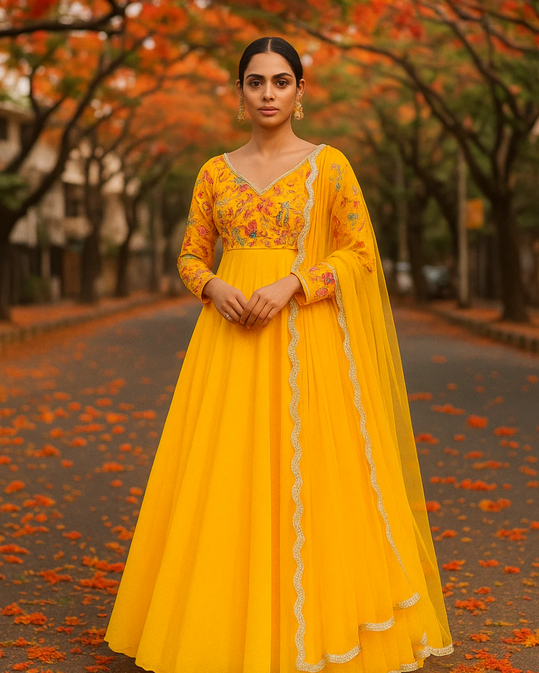 Anisha Shetty - Yellow Bloom Printed Anarkali Set