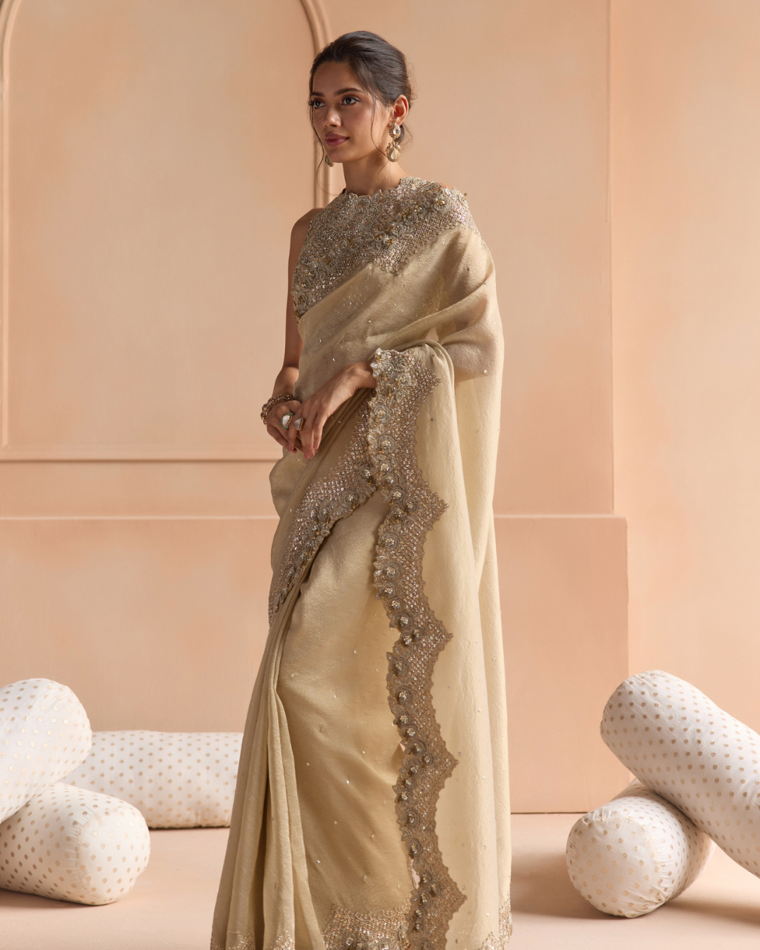 Osaa By Adarsh - Beige Champagne Tissue Saree Set From Off The Record