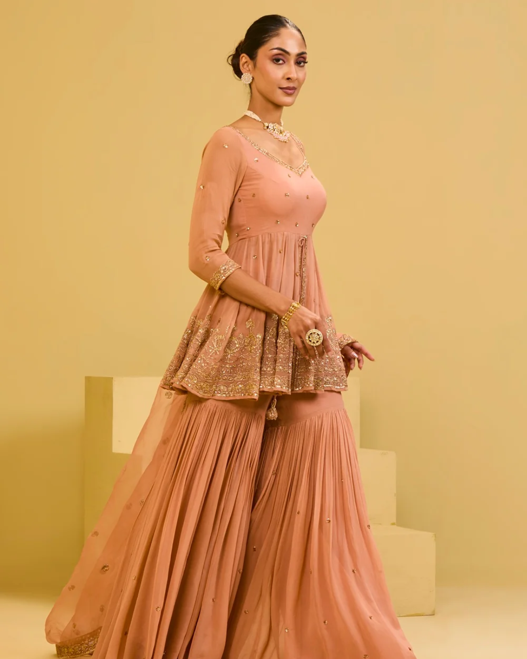 Esha Koul - Peach Front Cut Peplum Set From Naaz