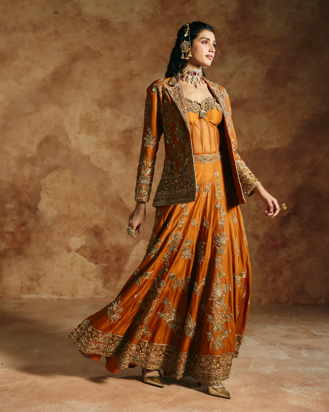 Aman Takyar - Orange Jacket Sharara Set From Today's Sindh