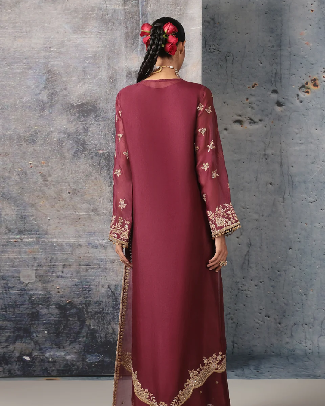 Niti Bothra - Zar-Rang Wine Long Jaal Kurta Set