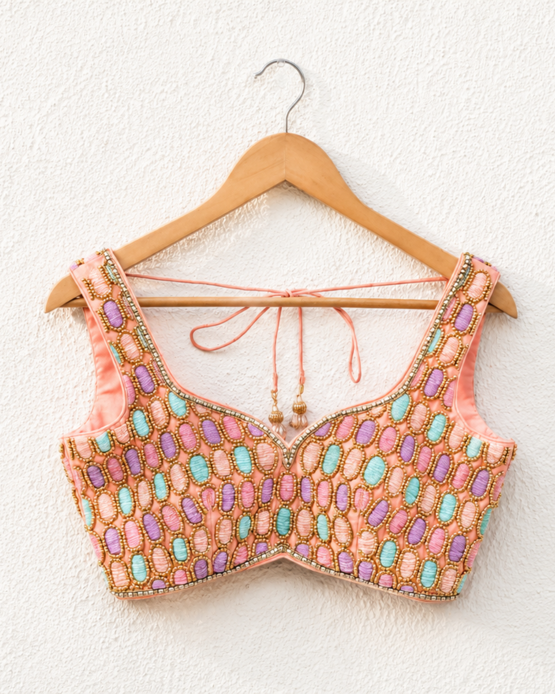 Anisha Shetty - Peach Oval Multicolour Cutdana Blouse With Multicolour Lehenga Set