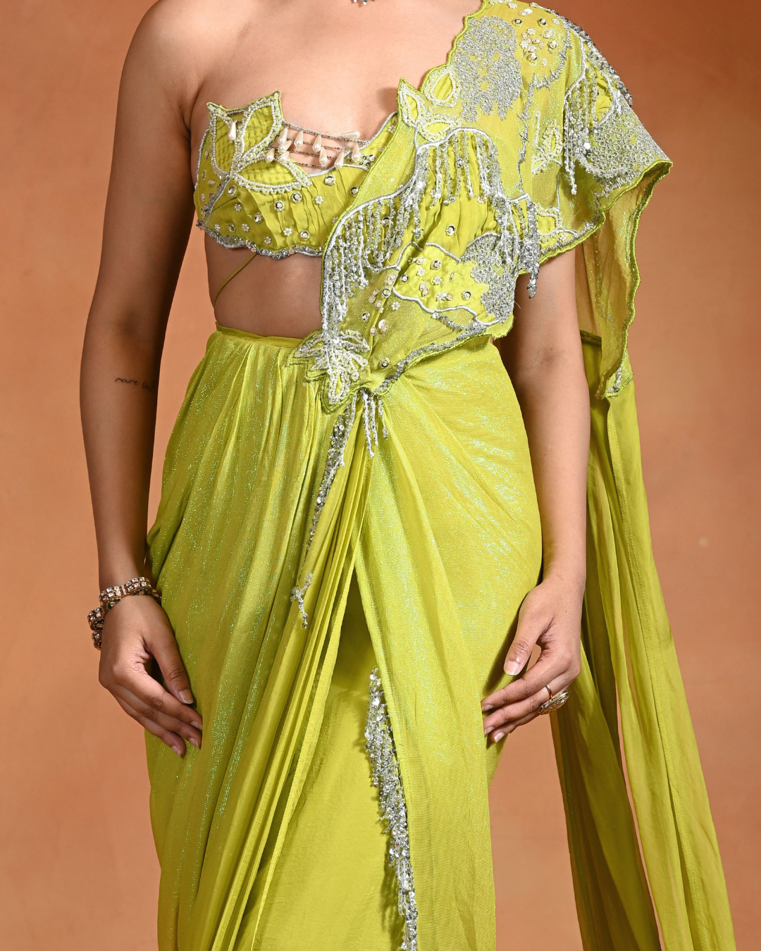 Rishi and Vibhuti - Lime Mirage Saree From Ek Main Aur Ek Tu