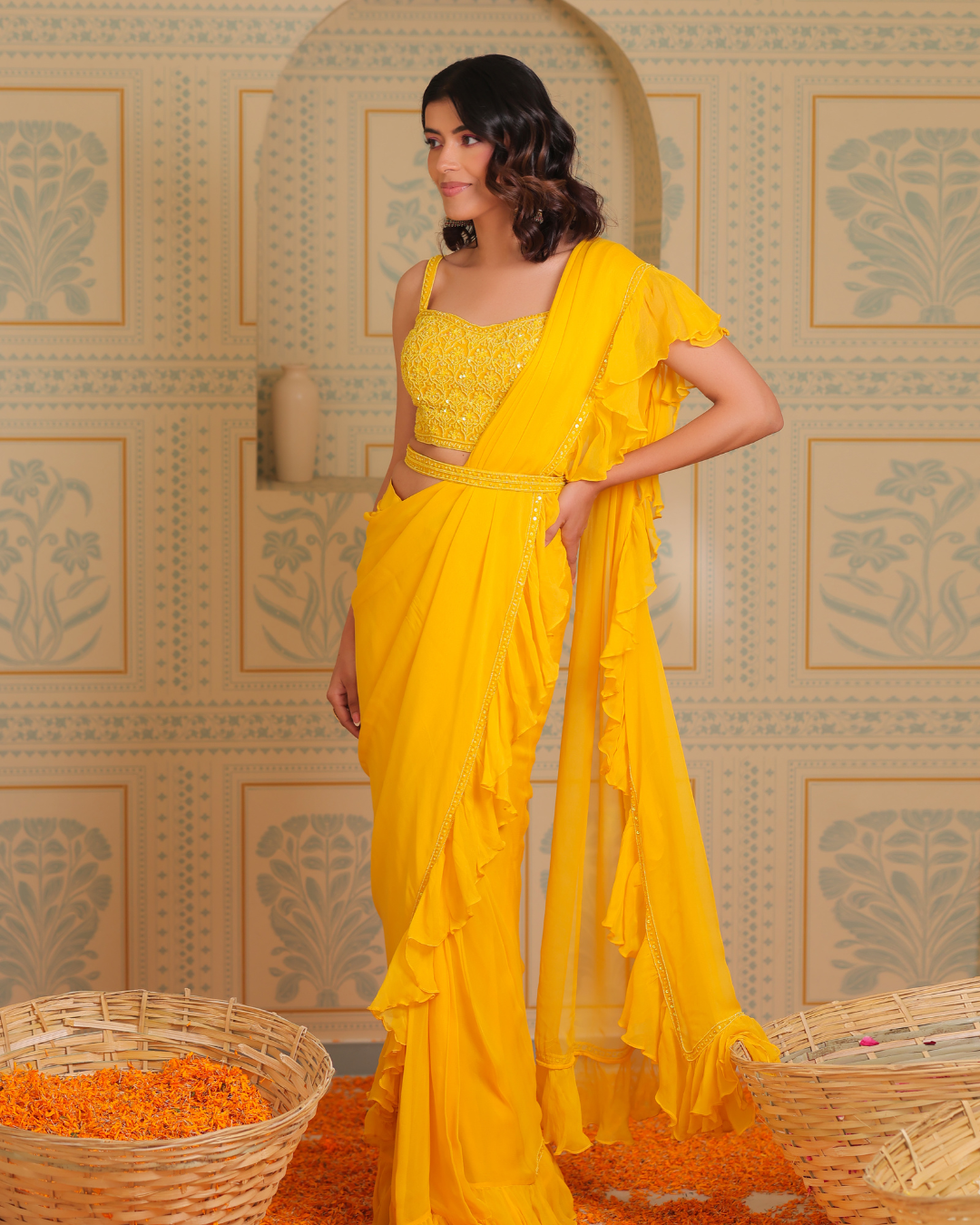 Sonali Bansal - Yellow drape saree with blouse and belt From Banno Ki Saheli