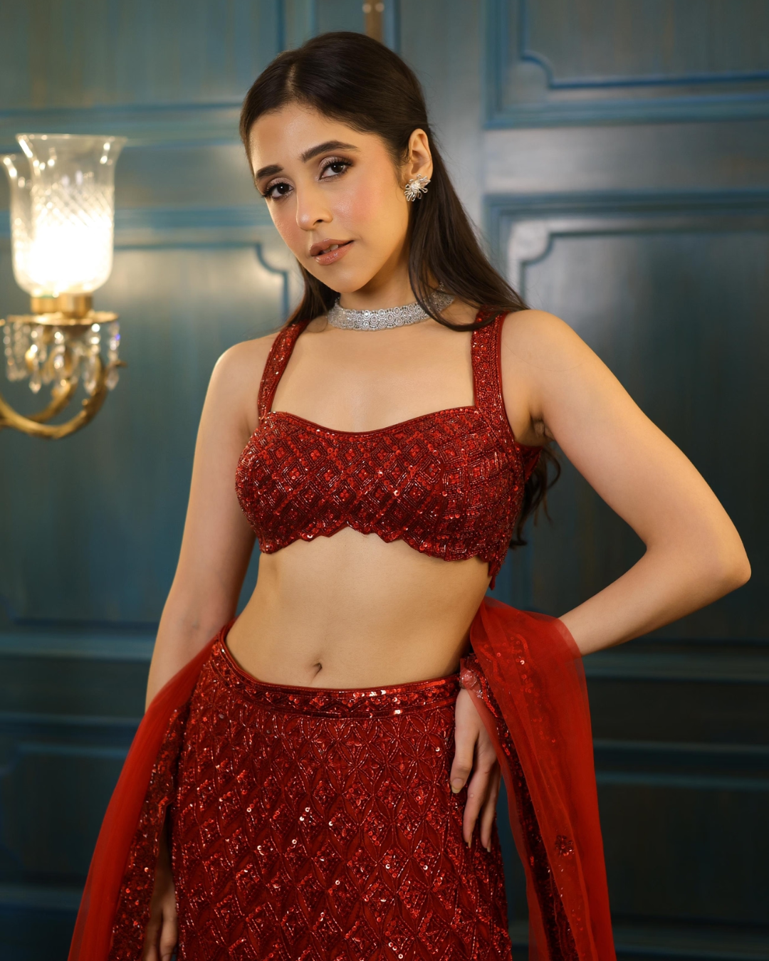Isa by Dolly Wahal - Red Caara Fishcut Lehenga From Fiza
