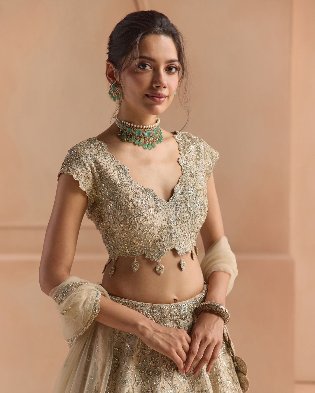 Osaa By Adarsh - Beige Champagne Tissue Silk Lehenga Set From Off The Record
