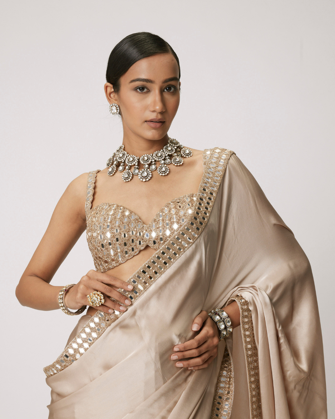 LIGHT BEIGE SATIN SAREE SET - Jugmug Bride by Vvani Vats
