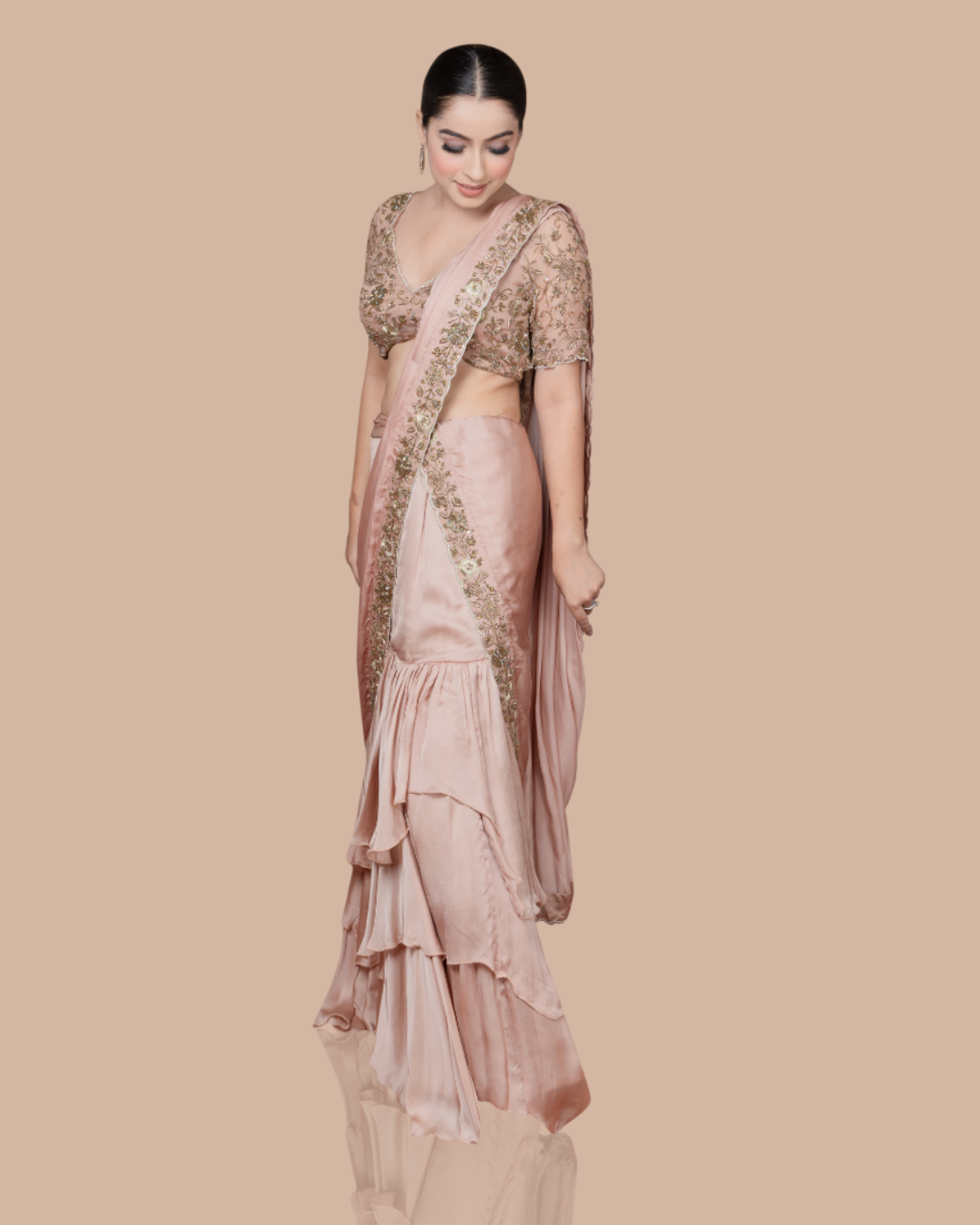 Sonali Bansal - Golden skirt saree with hand embroidered blouse and drape From Wedding Capsule