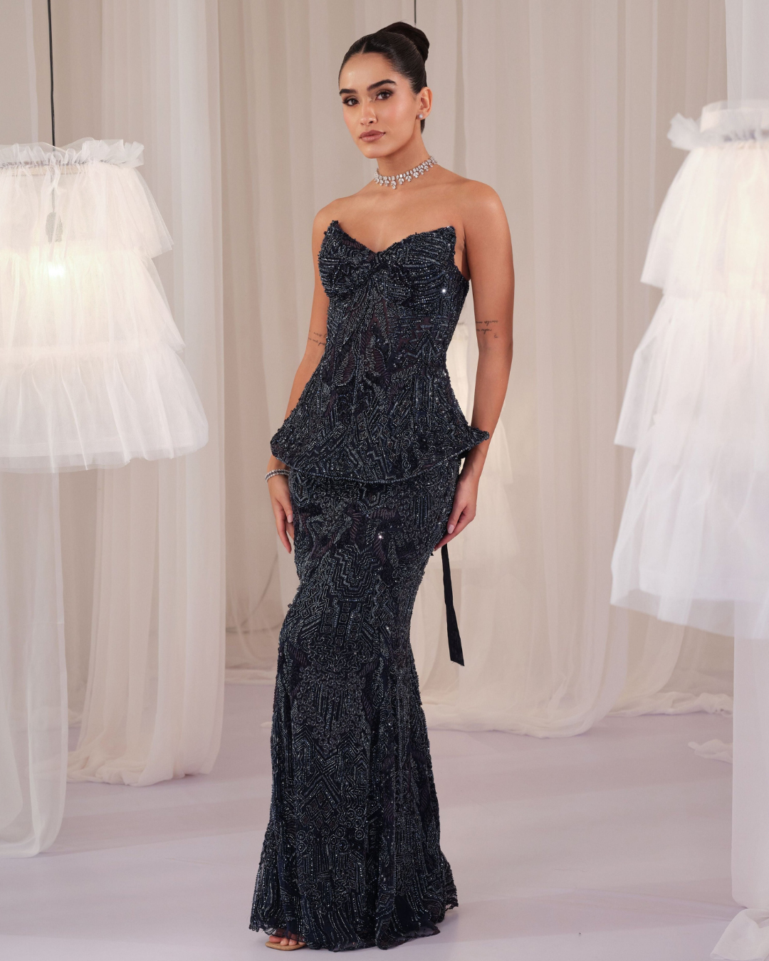 K&A By Karishma And Ashita - Midnight Blue Embellished Corset With Pencil Skirt From First Love