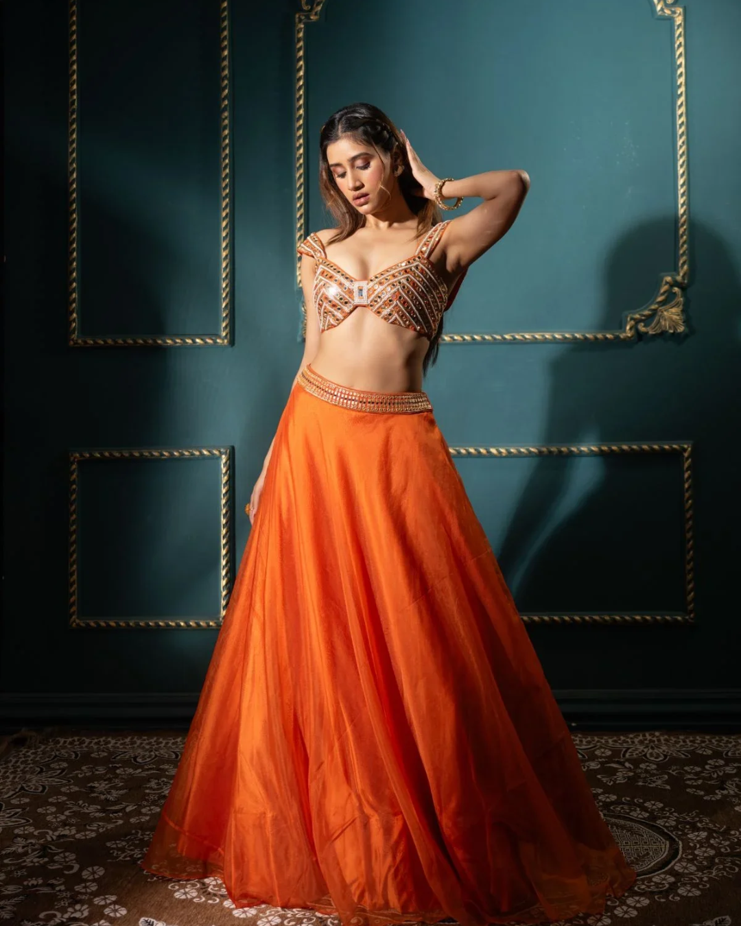 Anisha Shetty - Tangelo Organza Lehenga Set From Rangin