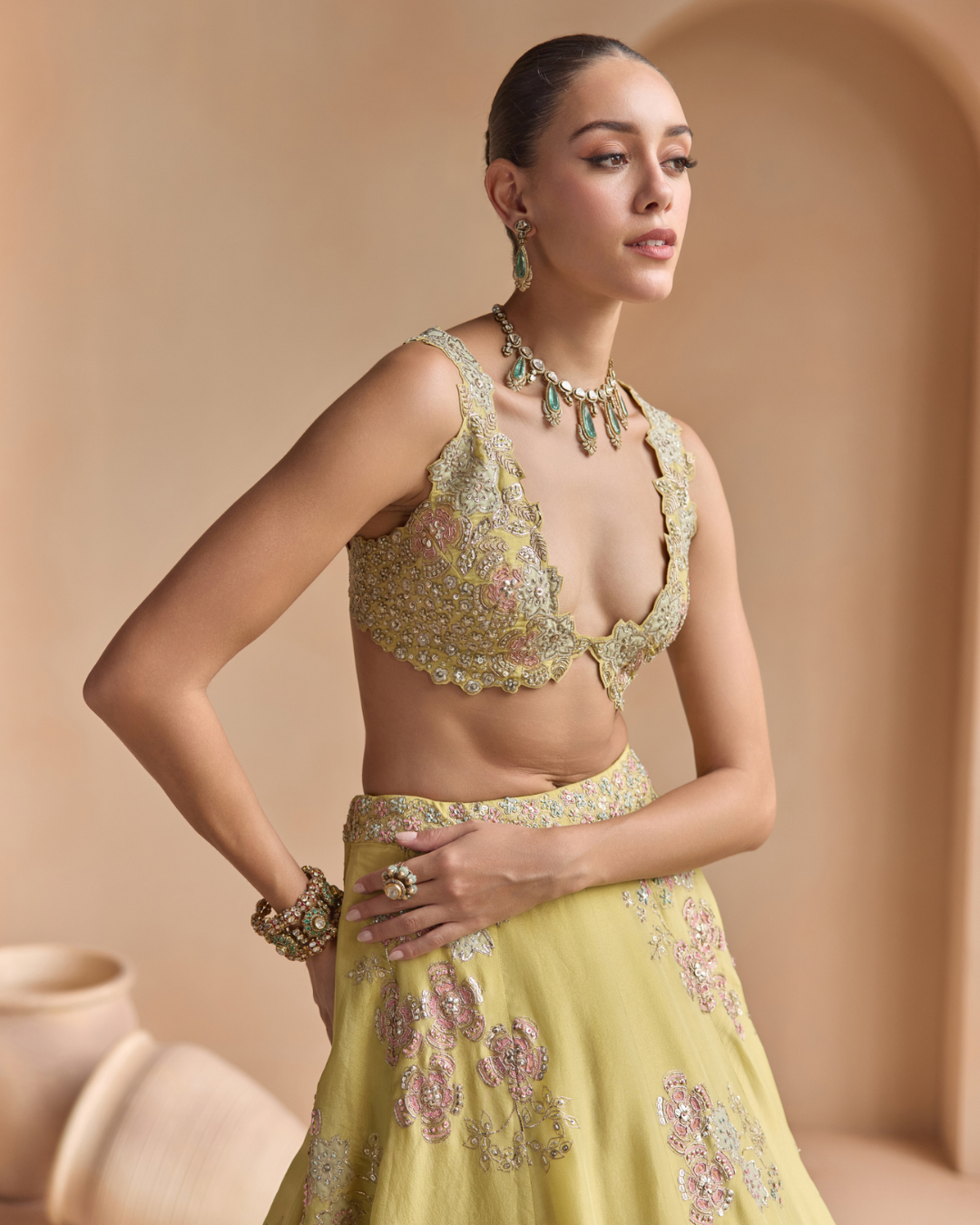 Osaa By Adarsh - Citrus Yellow Embroidered Lehenga Set From Off The Record