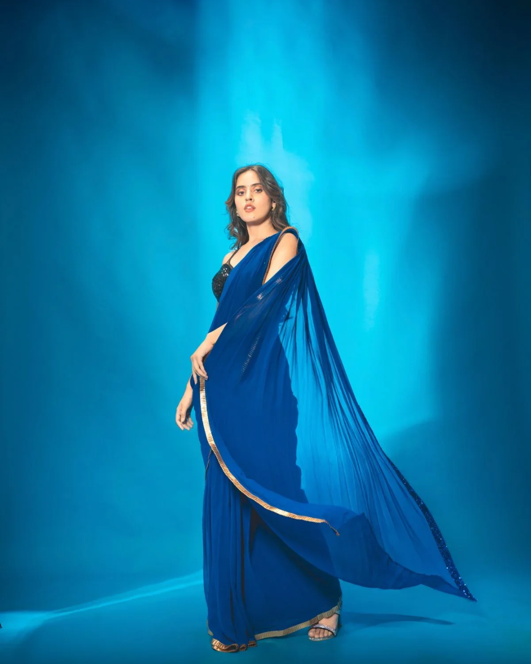 Anisha Shetty - Blue Pre Stitched Saree With Black Sequin Blouse From Rangin