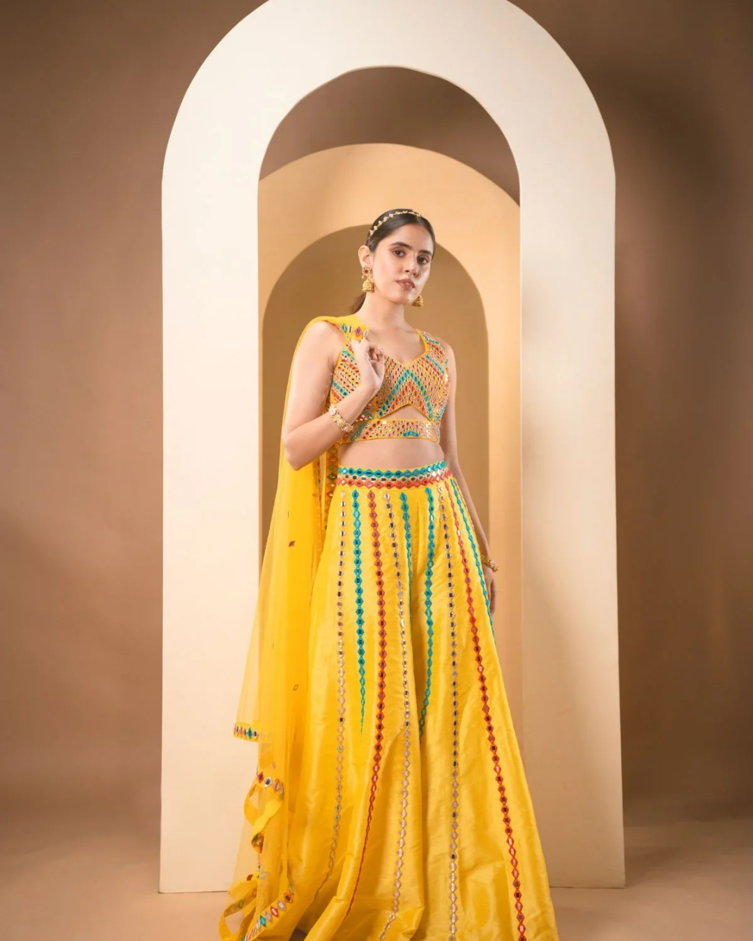 Anisha Shetty - Sunshine Yellow Multicolor Thread & Mirrorwork Sharara Set From Rangin