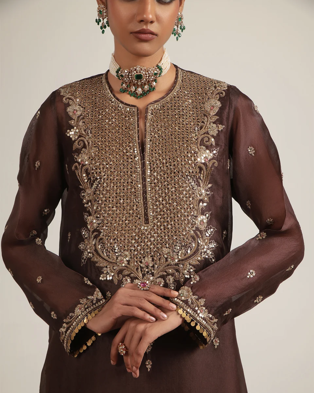 Niti Bothra - Zar-Rang Brown Long Kurta Set