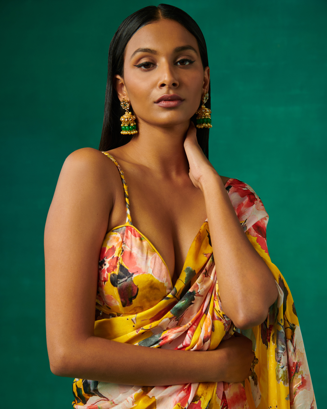 Sonali Bansal - Surajmukhi Yellow floral print blouse with flared sharara and drape attached to it From Bageecha