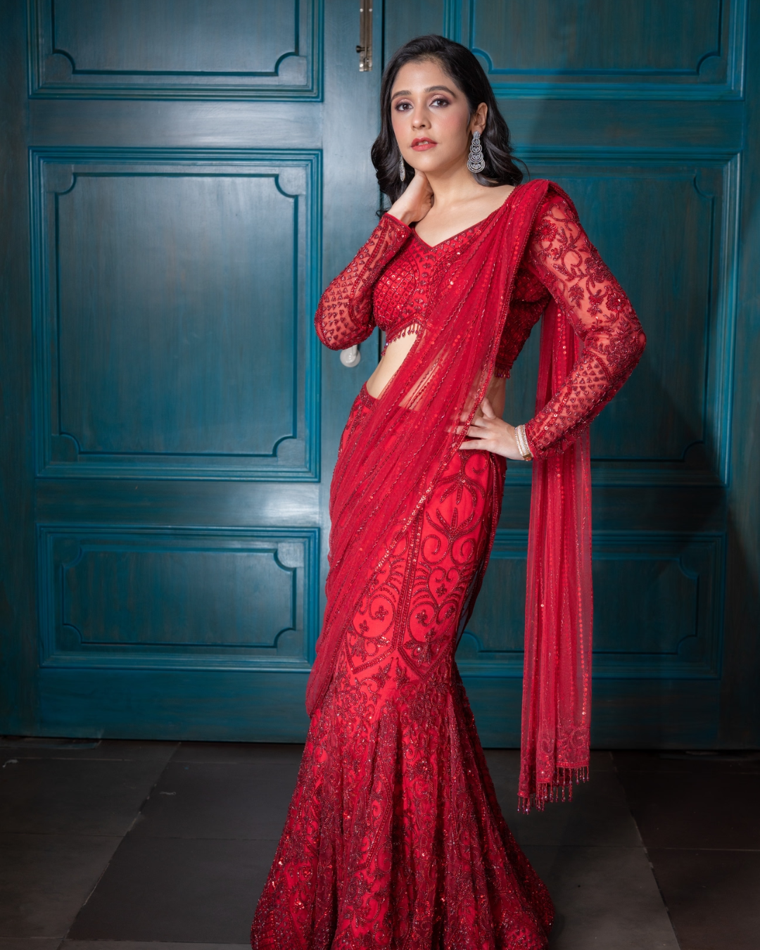 Isa by Dolly Wahal - Deep Red Pre-Draped Saree From Farra