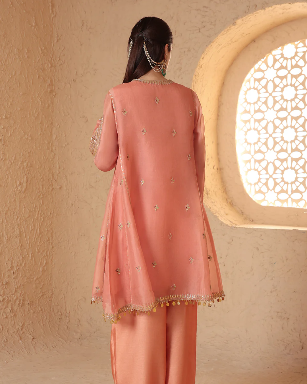 Niti Bothra - Mehrang Peach Short Pheran Kurta Set