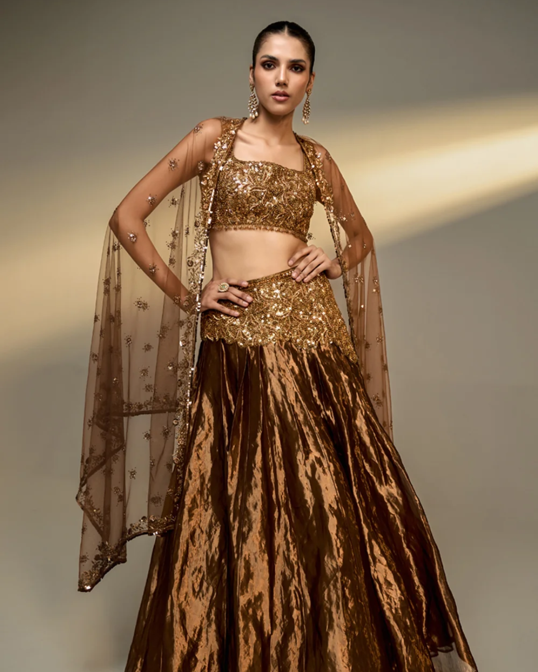Prevasu - Copper Gold Embroidered Lehenga Set From The Mocha Edit