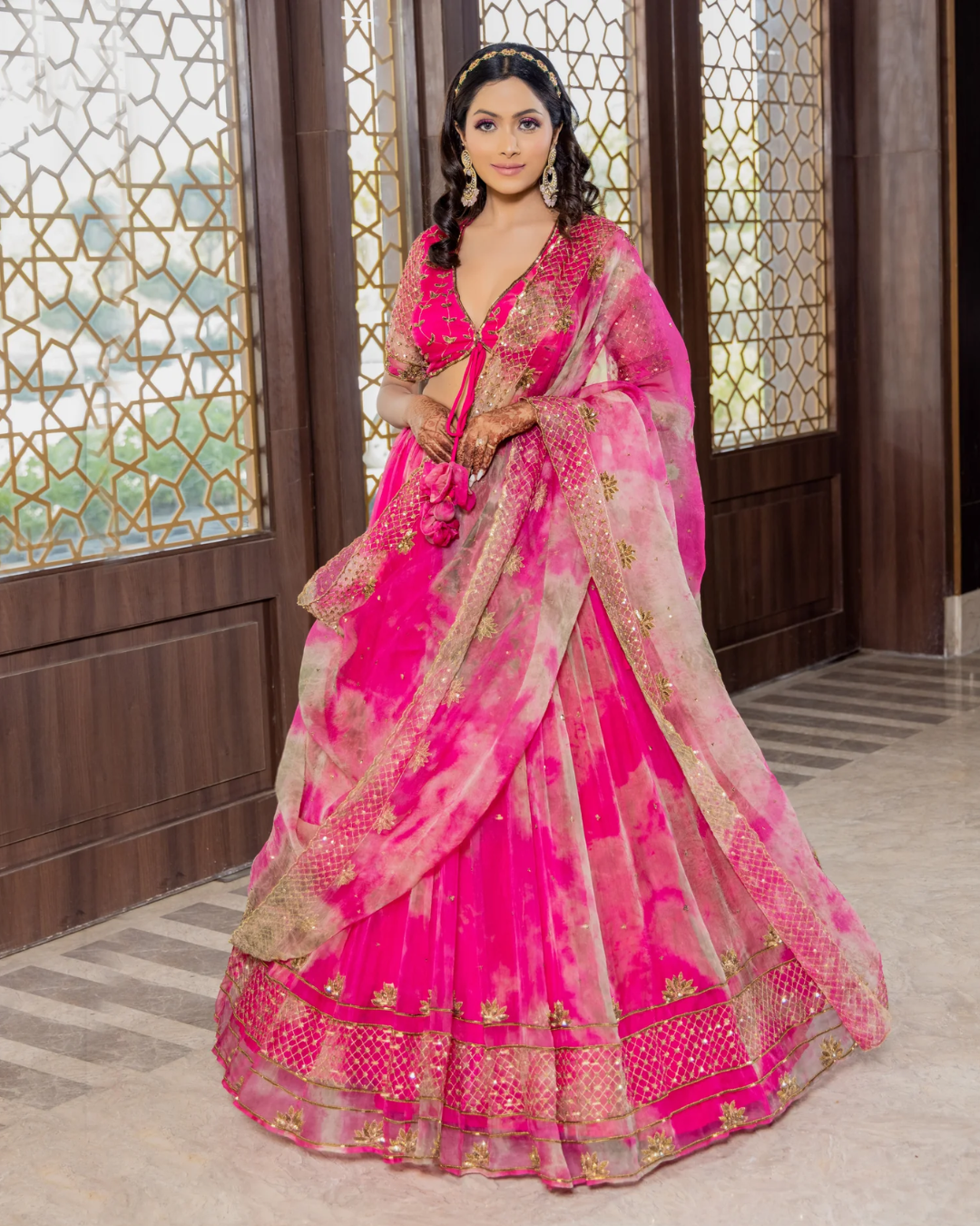Sonali Bansal - Gulaabo-Rani pink tie and dye hand embroidered lehenga set From Phiroza