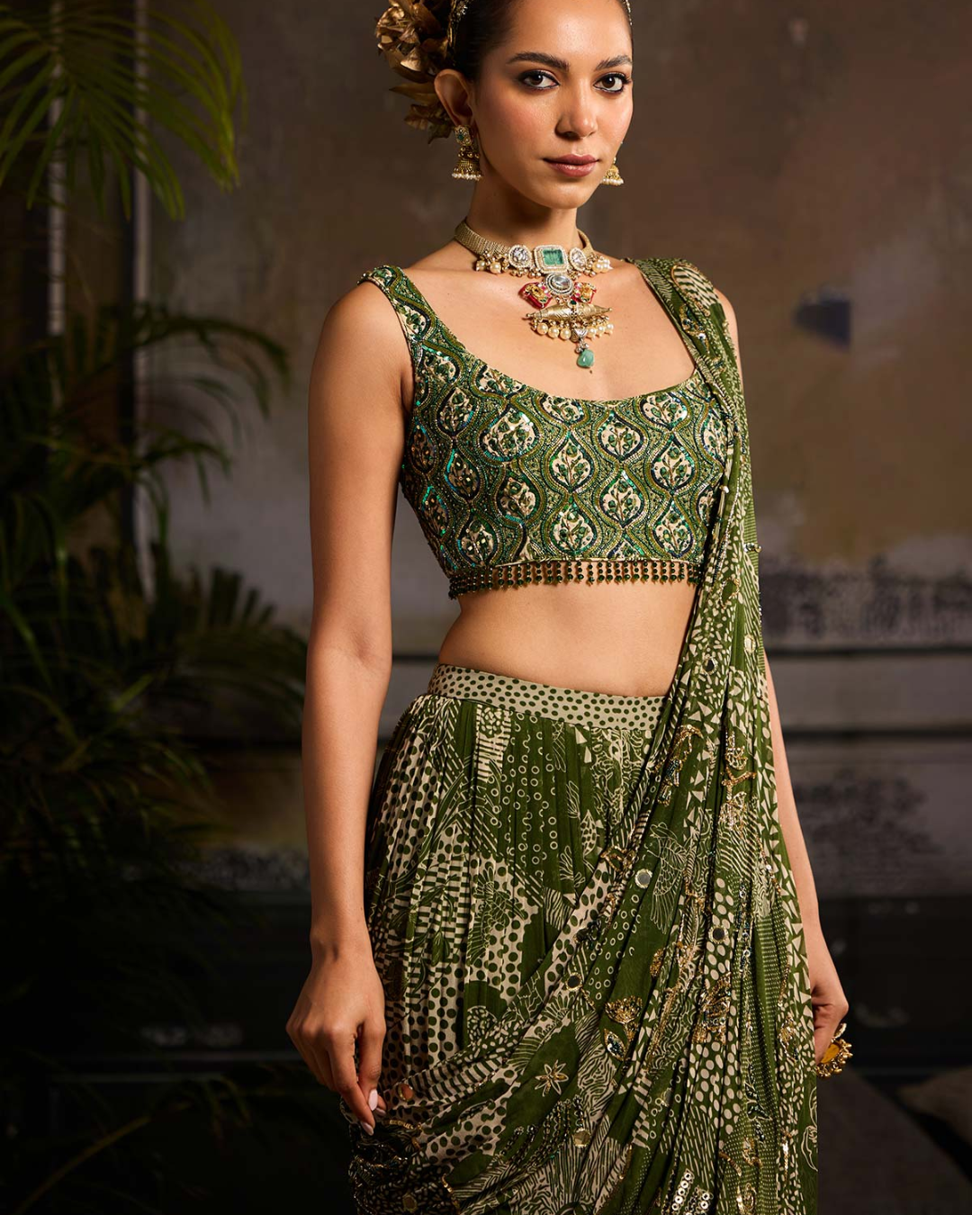 Diya Rajvvir - Sage Green Print and Highlighted Skirt Saree Set
