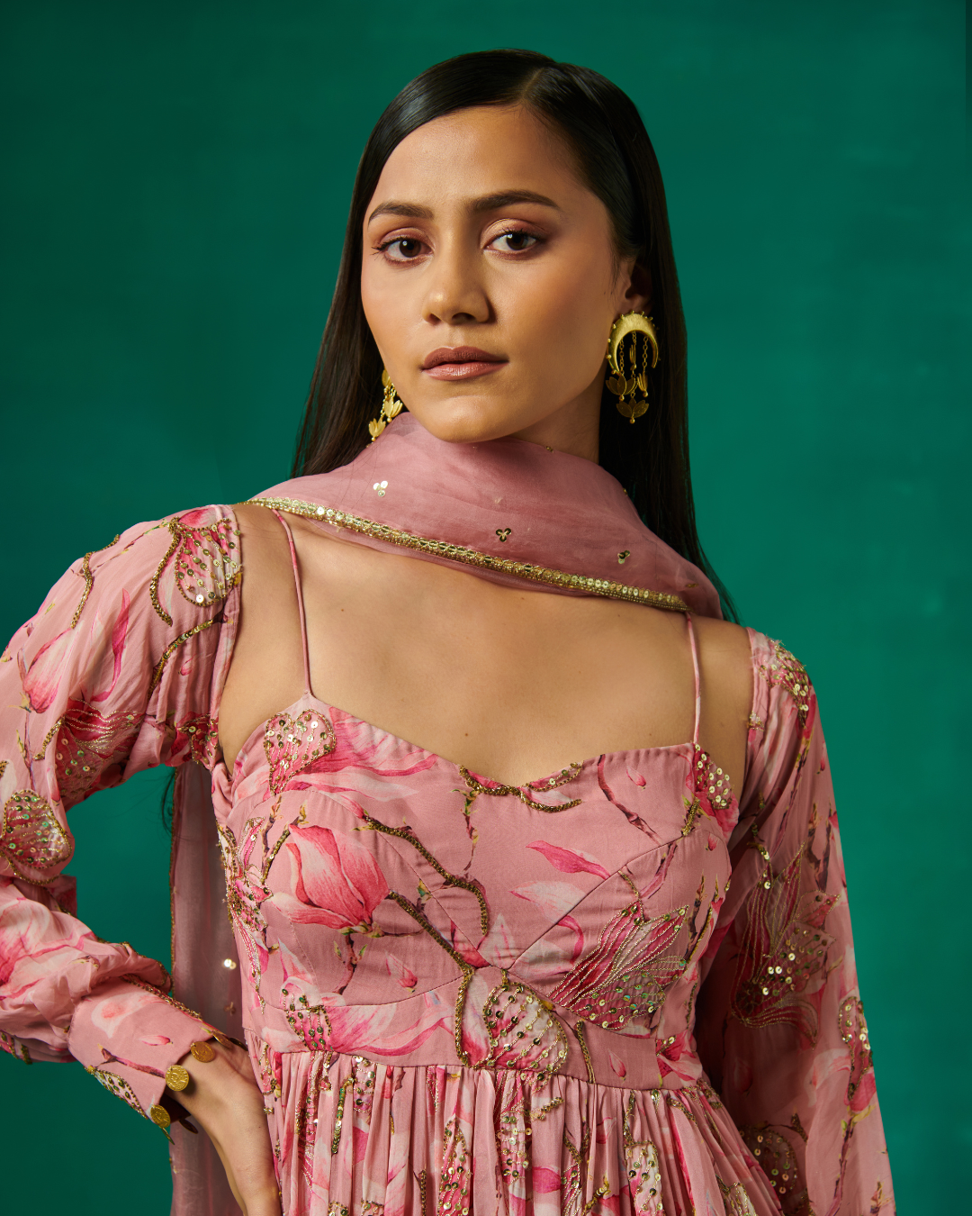 Sonali Bansal - Pink floral print anarkali and dupatta From Bageecha
