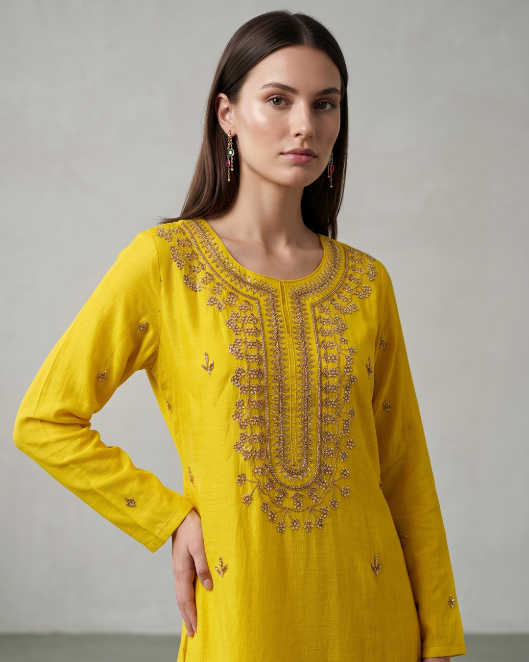 Basanti Kapde Aur Koffee - Mustard Embroidered Suit Set From Suits & Shararas