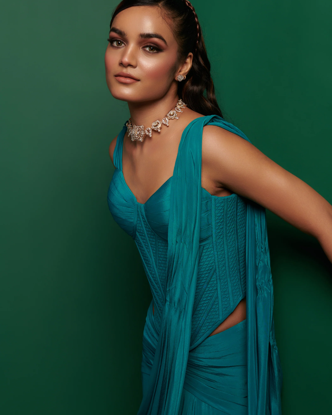 K&A by Karishma and Ashita - Teal green longline corset and drape From Barre Oblique