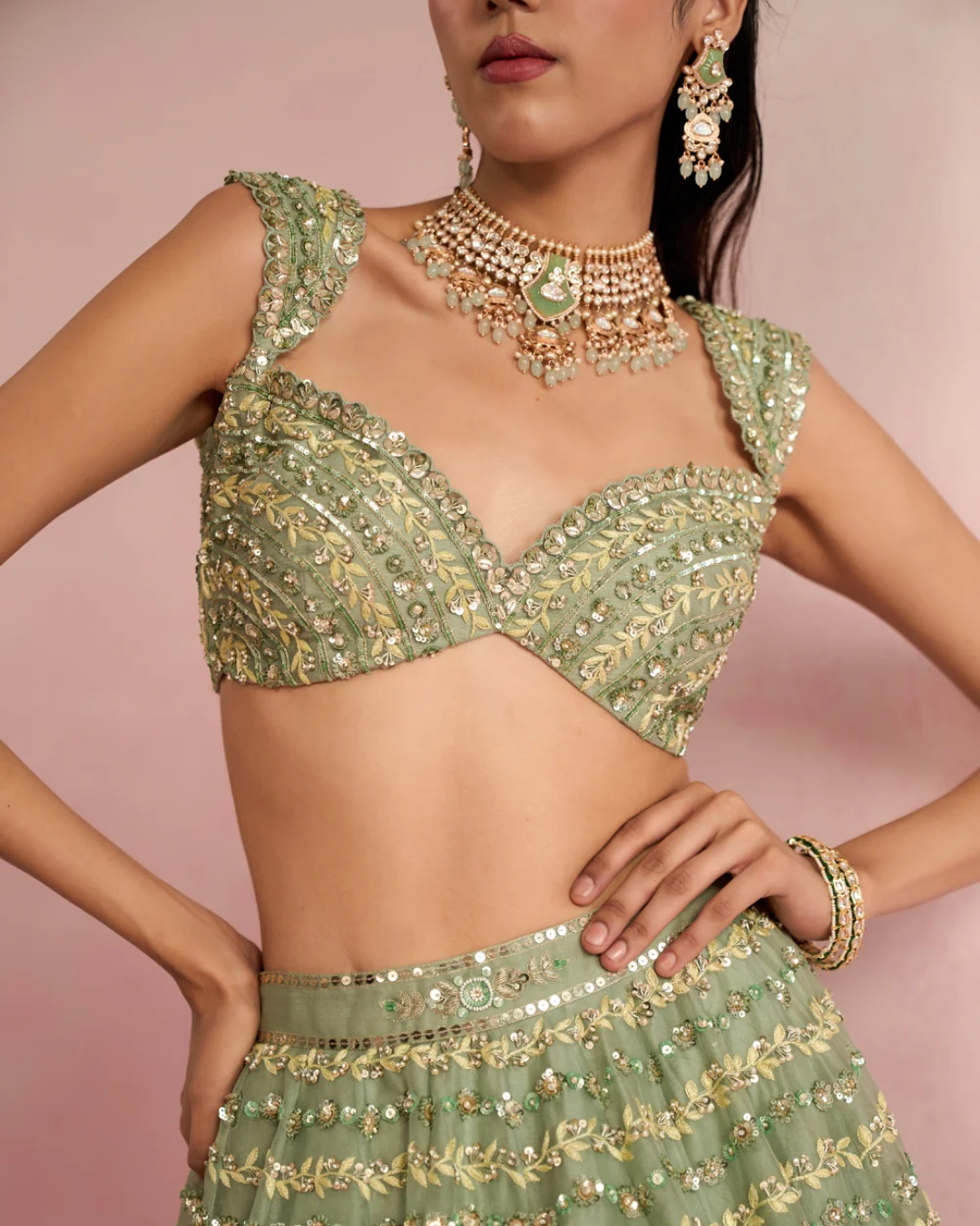 Prevasu - Sage Green Lehenga Set From Solene