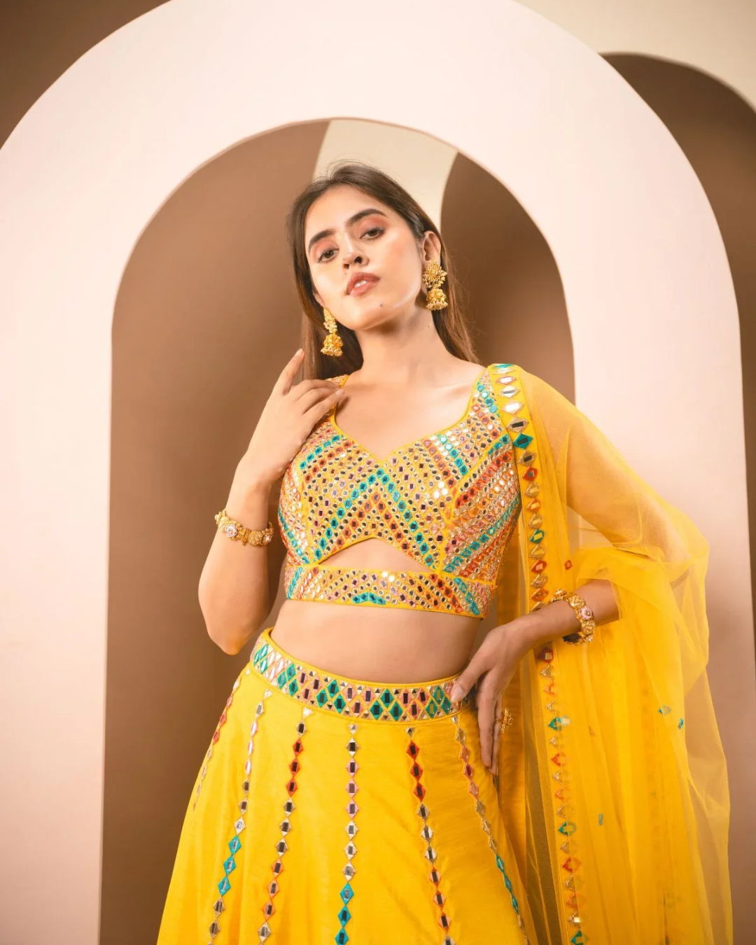 Anisha Shetty - Sunshine Yellow Multicolor Thread & Mirrorwork Lehenga Set From Rangin