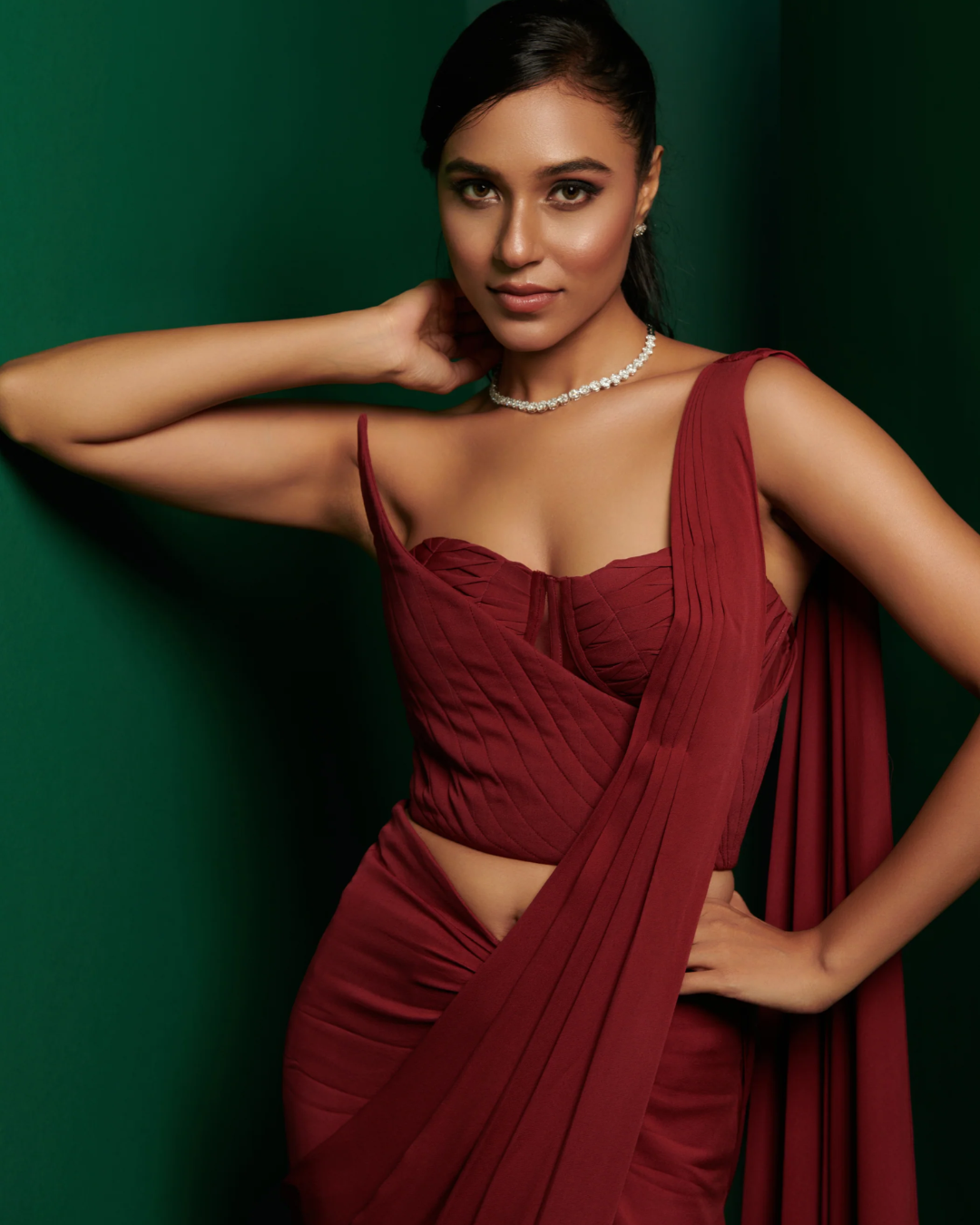 K&A by Karishma and Ashita - Wine red structured double corset with elegant skirt drape From Barre Oblique