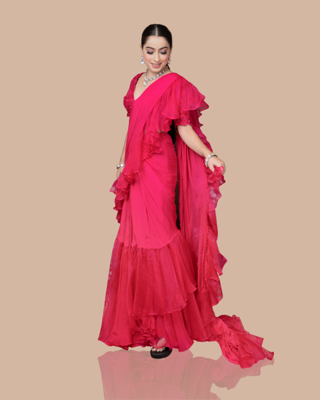 Sonali Bansal - Rani pink drape saree with ruffles and blouse From Wedding Capsule