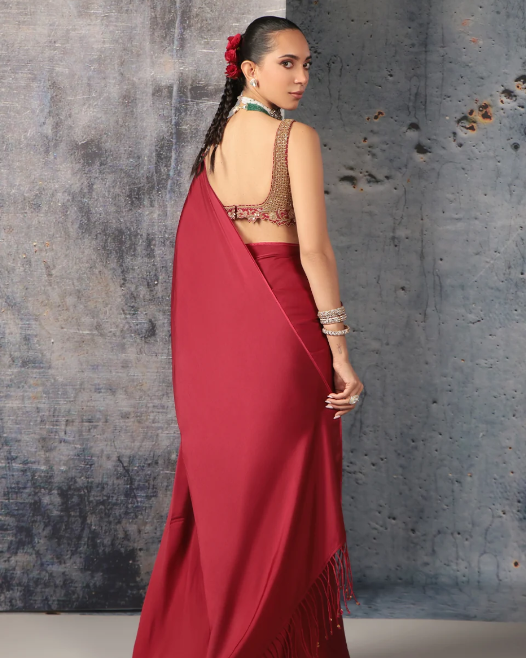 Niti Bothra - Zar-Rang Maroon Fringe Saree Set