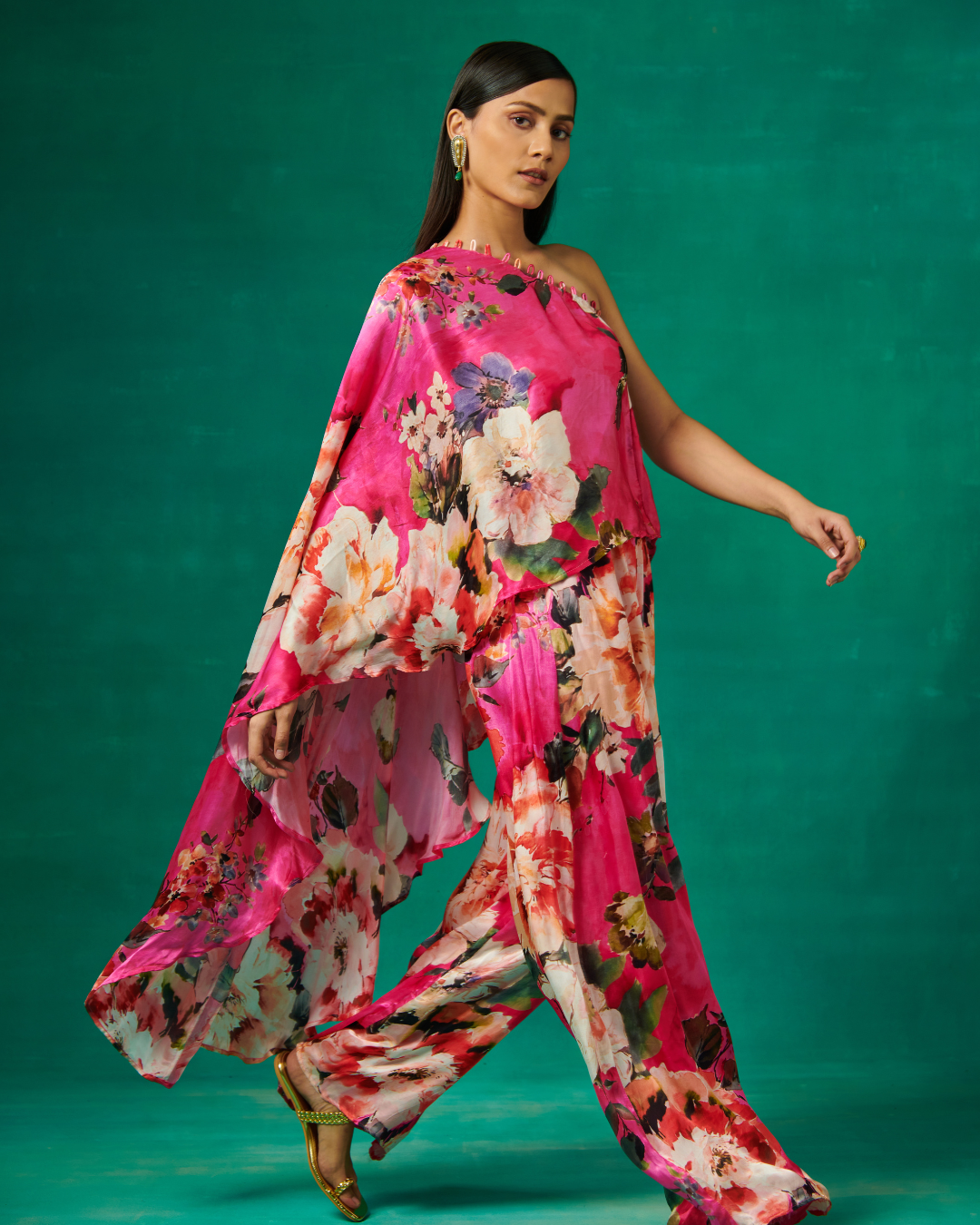 Sonali Bansal - Pink floral print high low cape with pants From Bageecha
