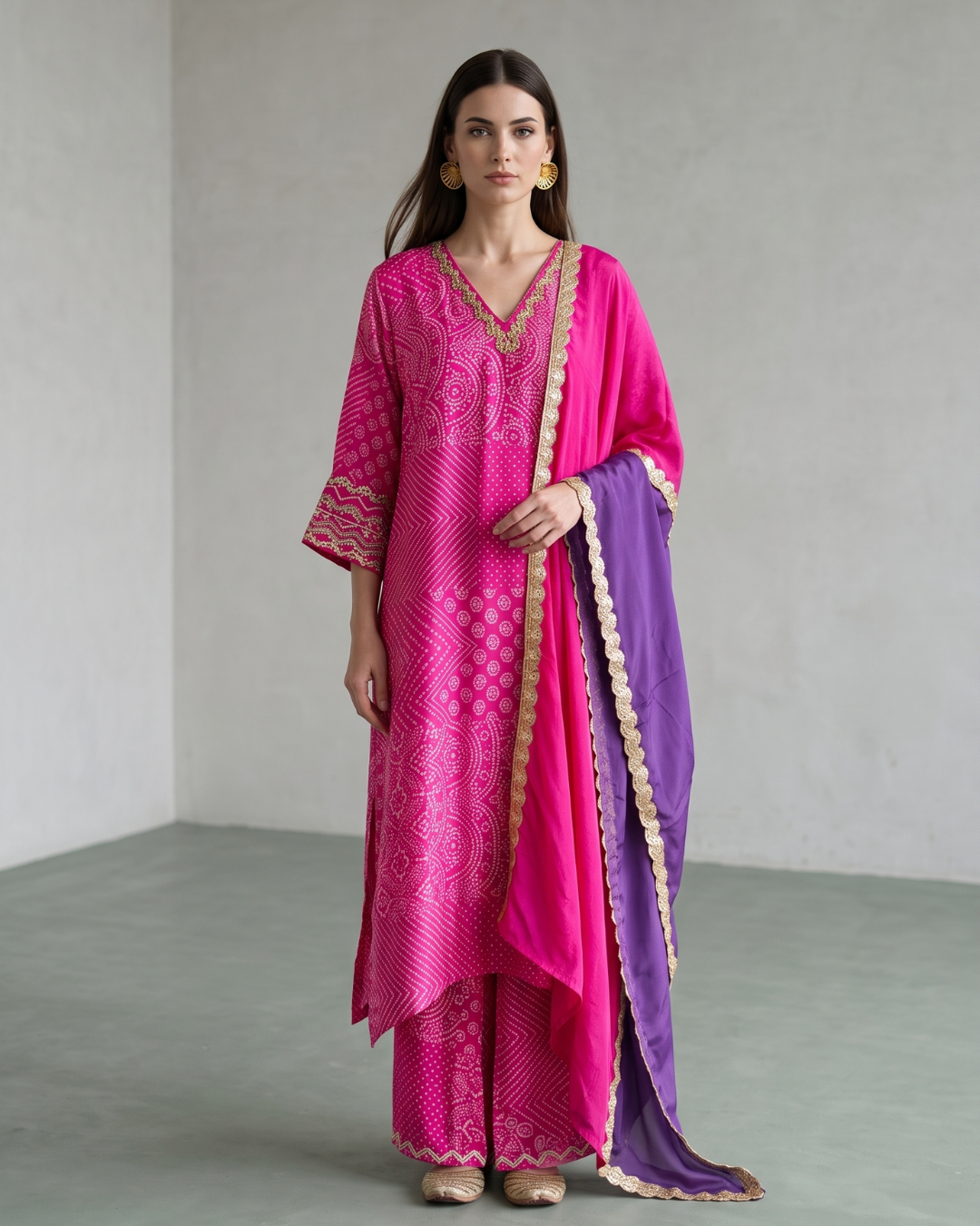 Basanti Kapde Aur Koffee - Rani-Pink Bandhej Kaftan Set From Suits & Shararas