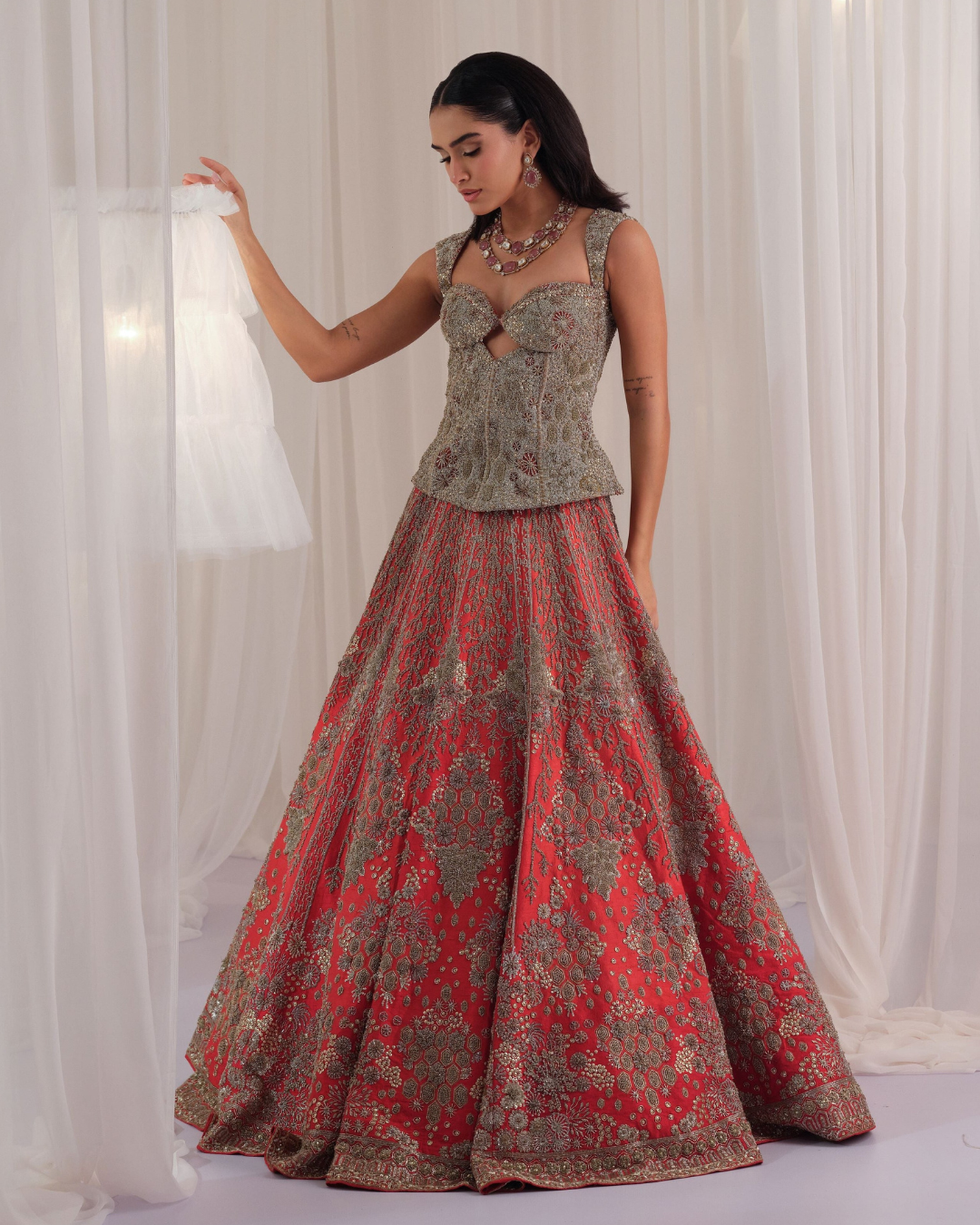 K&A By Karishma And Ashita - Red Hand Embellished Corset with Raw Silk Lehenga & Dupatta From First Love