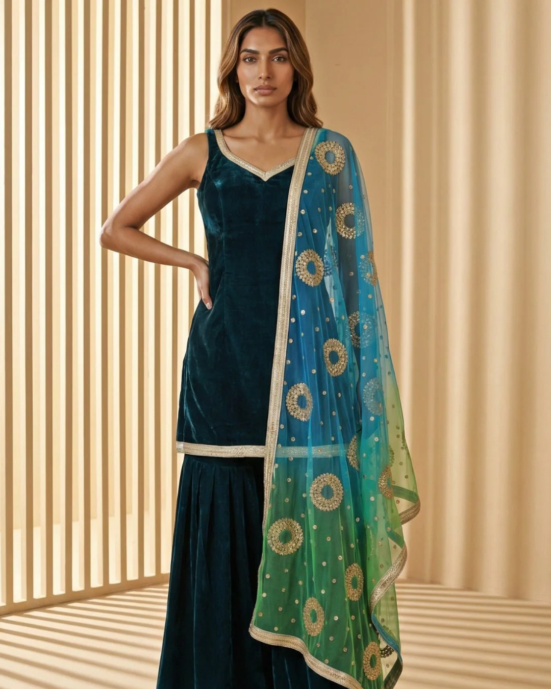 Anisha Shetty - Jade Velvet Sharara Set With Ombre Dupatta