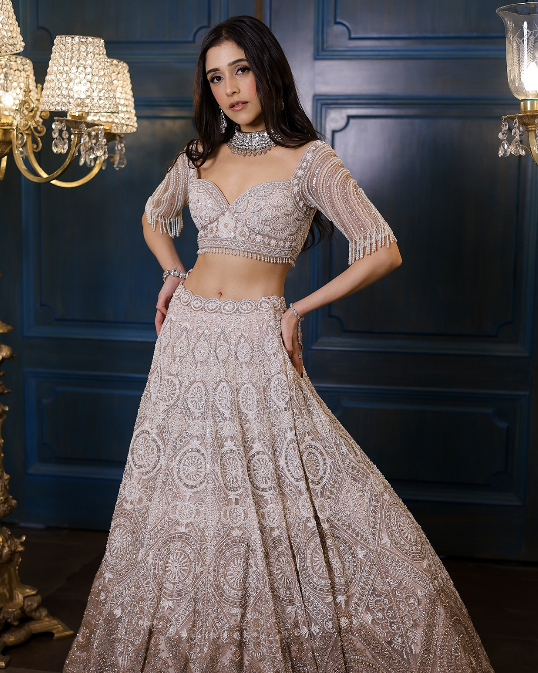 Isa by Dolly Wahal - Ivory & Champagne Ombre Net Sequins Embroidered Lehenga Set