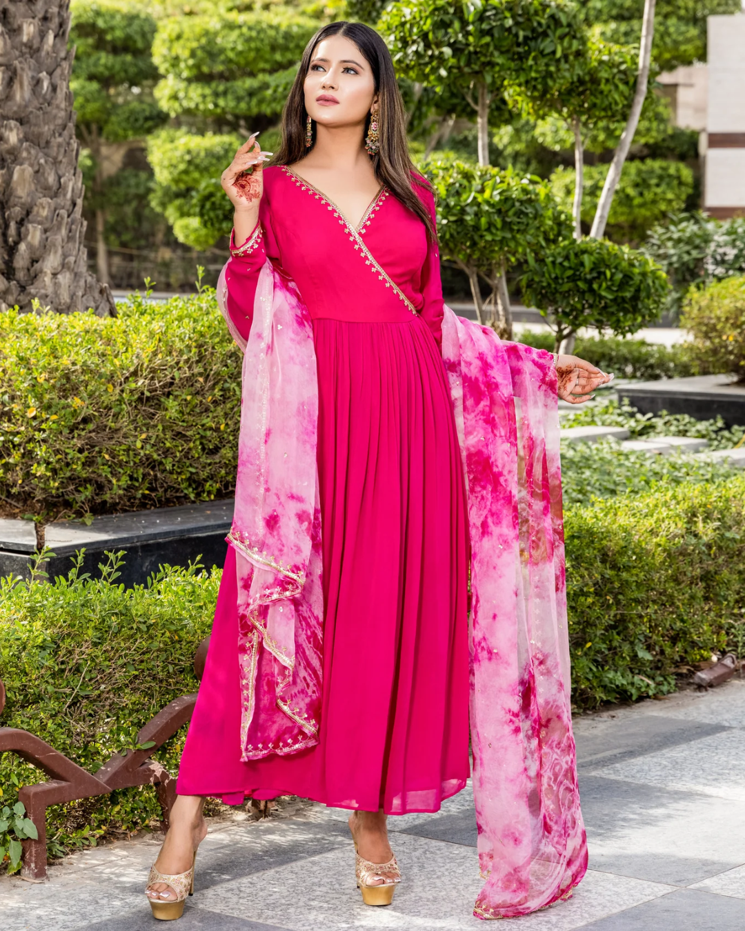 Sonali Bansal - Angana -Rani pink angrakha suit with tie and dye dupatta From Phiroza