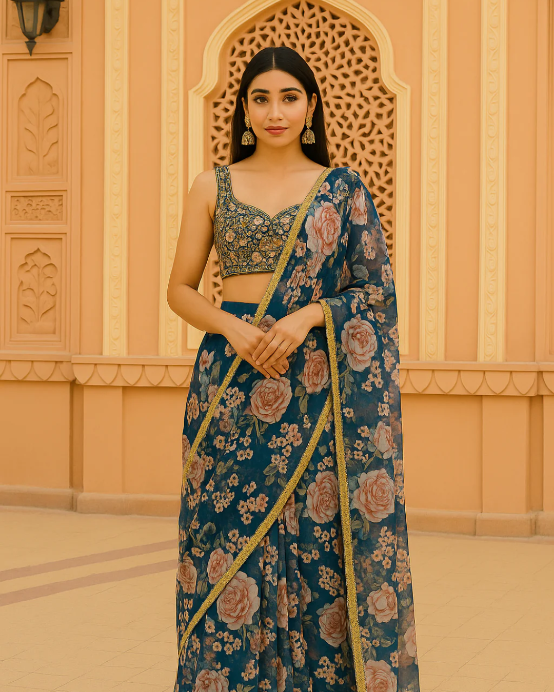 Anisha Shetty - Bahama Blue Floral Saree With Embroidered Blouse
