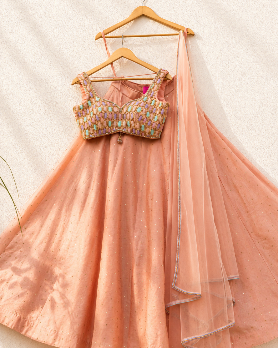 Anisha Shetty - Peach Stonework Lehenga Set With Multicolour Oval Cutdana Blouse Set
