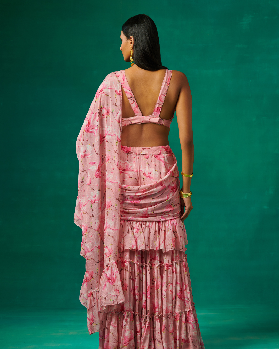 Sonali Bansal - Pink tulip printed garara with attached drape and plunge V neck blouse From Bageecha