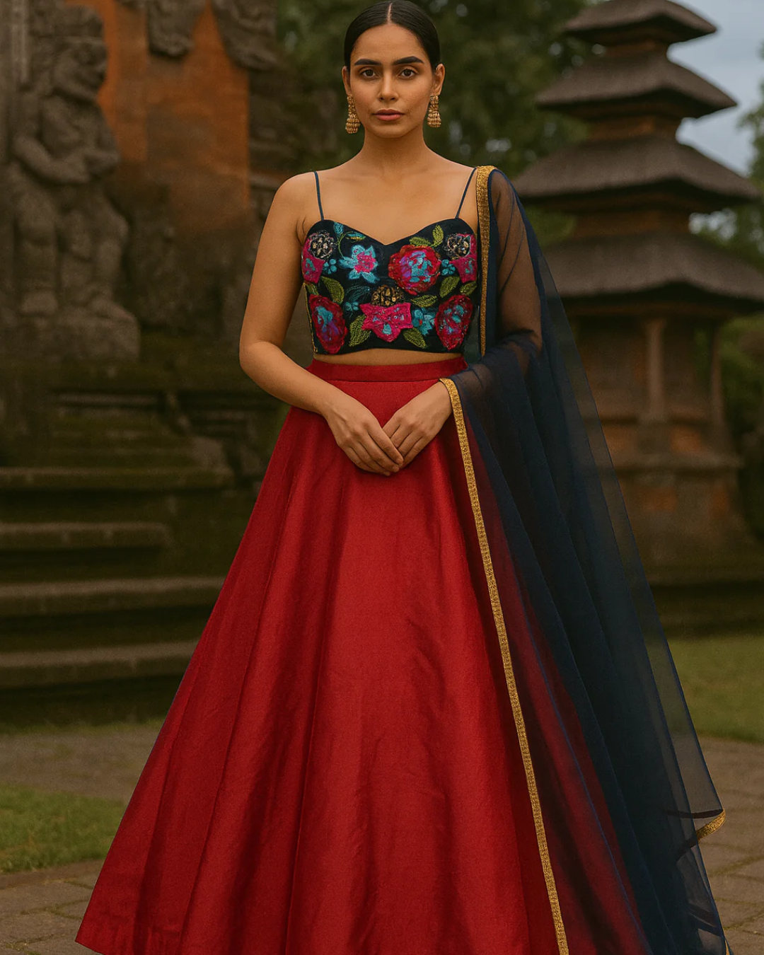 Anisha Shetty - Maroon Lehenga With Colorful Embroidered Blouse & Dupatta