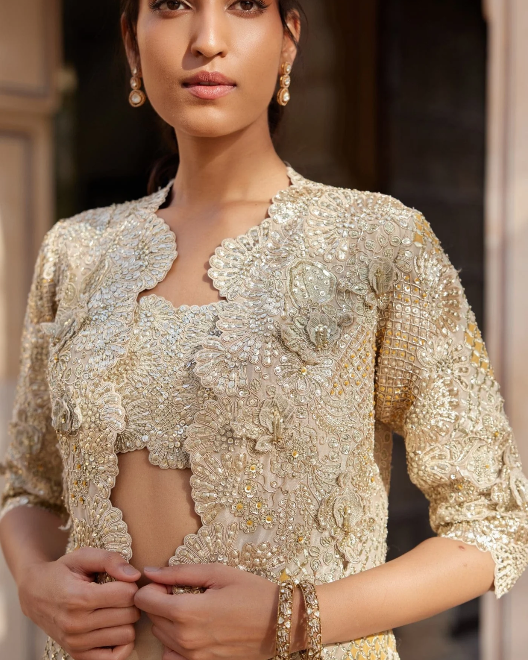 Osaa By Adarsh - Beige Champagne Embroidered Open Jacket Set From RASM