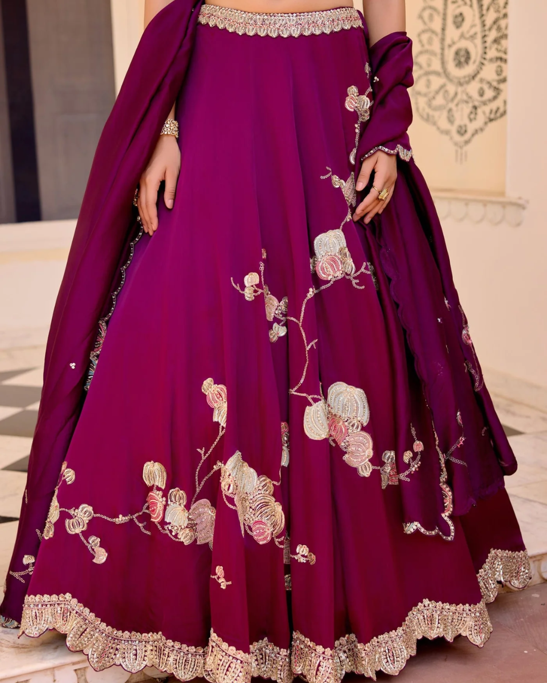 Osaa By Adarsh - Dark Plum Jaal Placement Lehenga Set From SAFAR