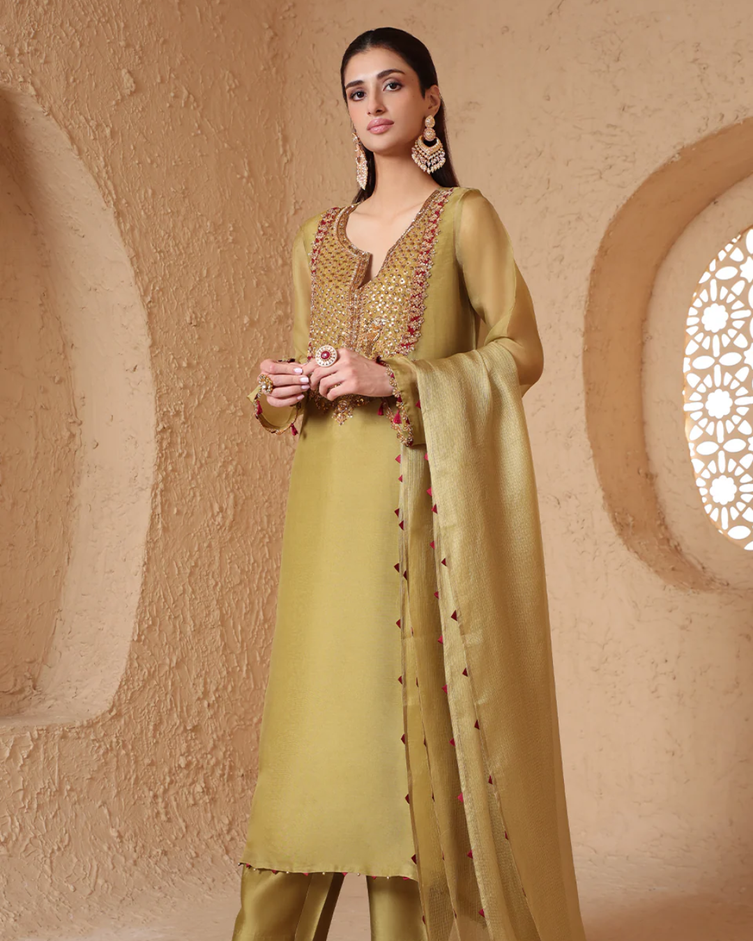 Niti Bothra - Mehrang Olive Green Heavy Neck Kurta Set