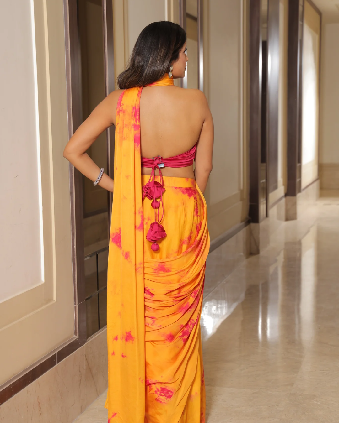 Sonali Bansal - Marie -Mustard yellow tie and dye saree with rani pink bustier From Phiroza