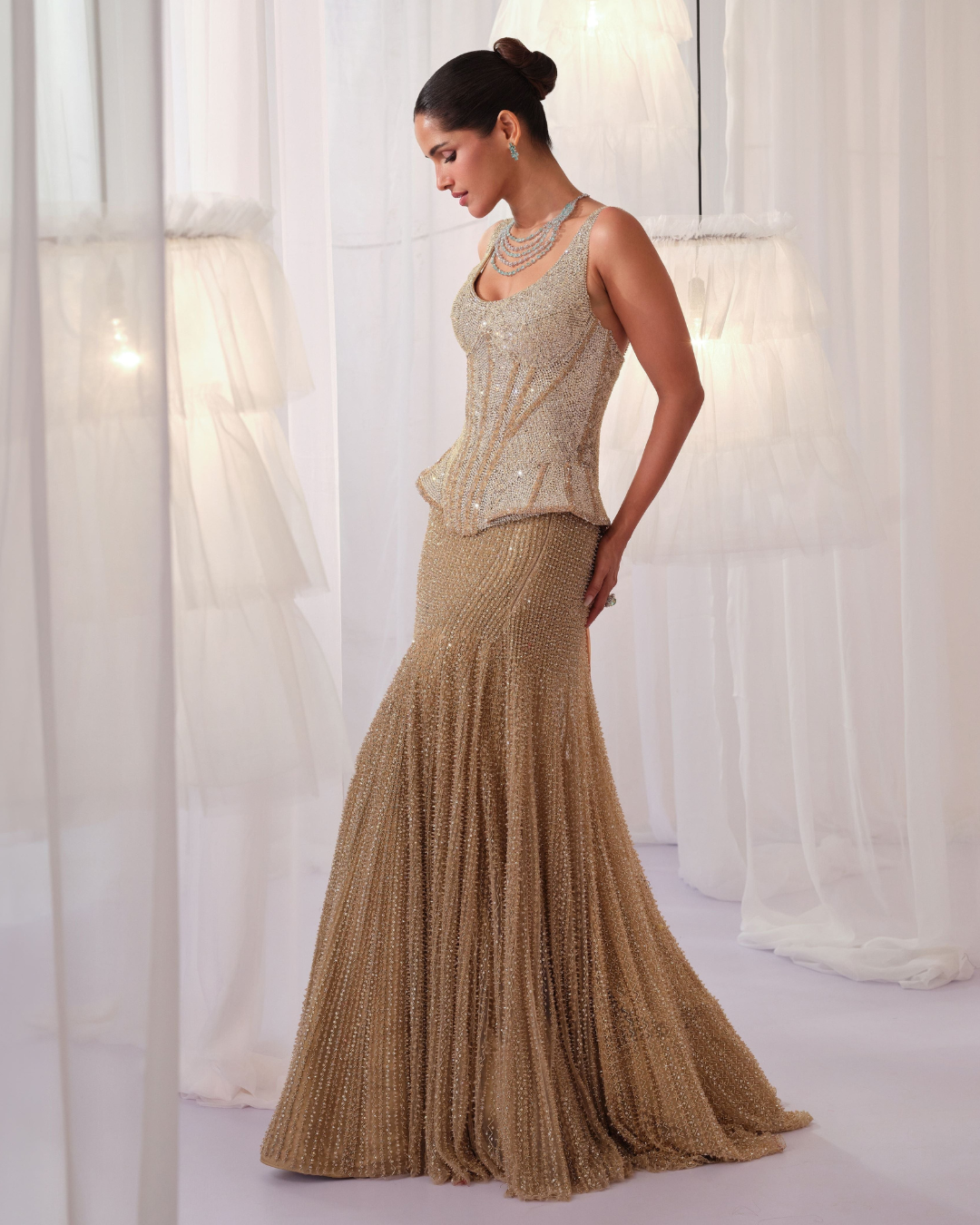 K&A By Karishma And Ashita - Champagne Gold Corset With Fishcut Lehenga From First Love